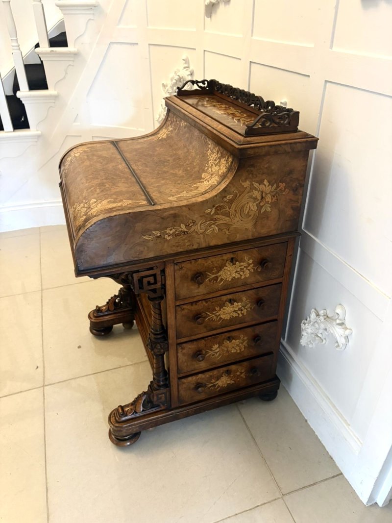 Antique Victorian Burr Walnut Floral Marquetry Piano Top Davenport Desk