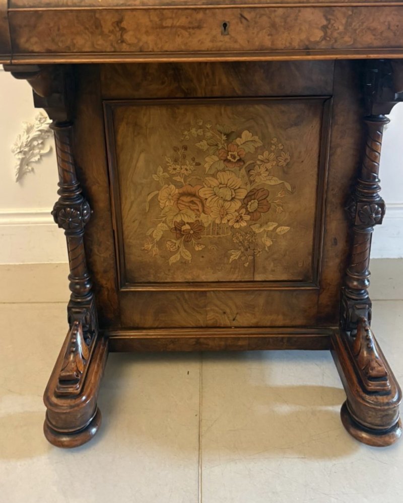 Antique Victorian Burr Walnut Floral Marquetry Piano Top Davenport Desk - Image 10
