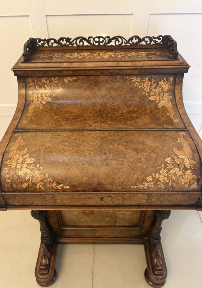 Antique Victorian Burr Walnut Floral Marquetry Piano Top Davenport Desk - Image 9