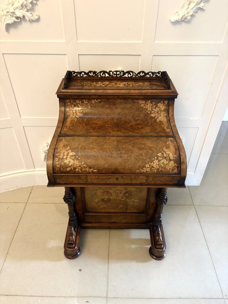 Antique Victorian Burr Walnut Floral Marquetry Piano Top Davenport Desk - Image 5