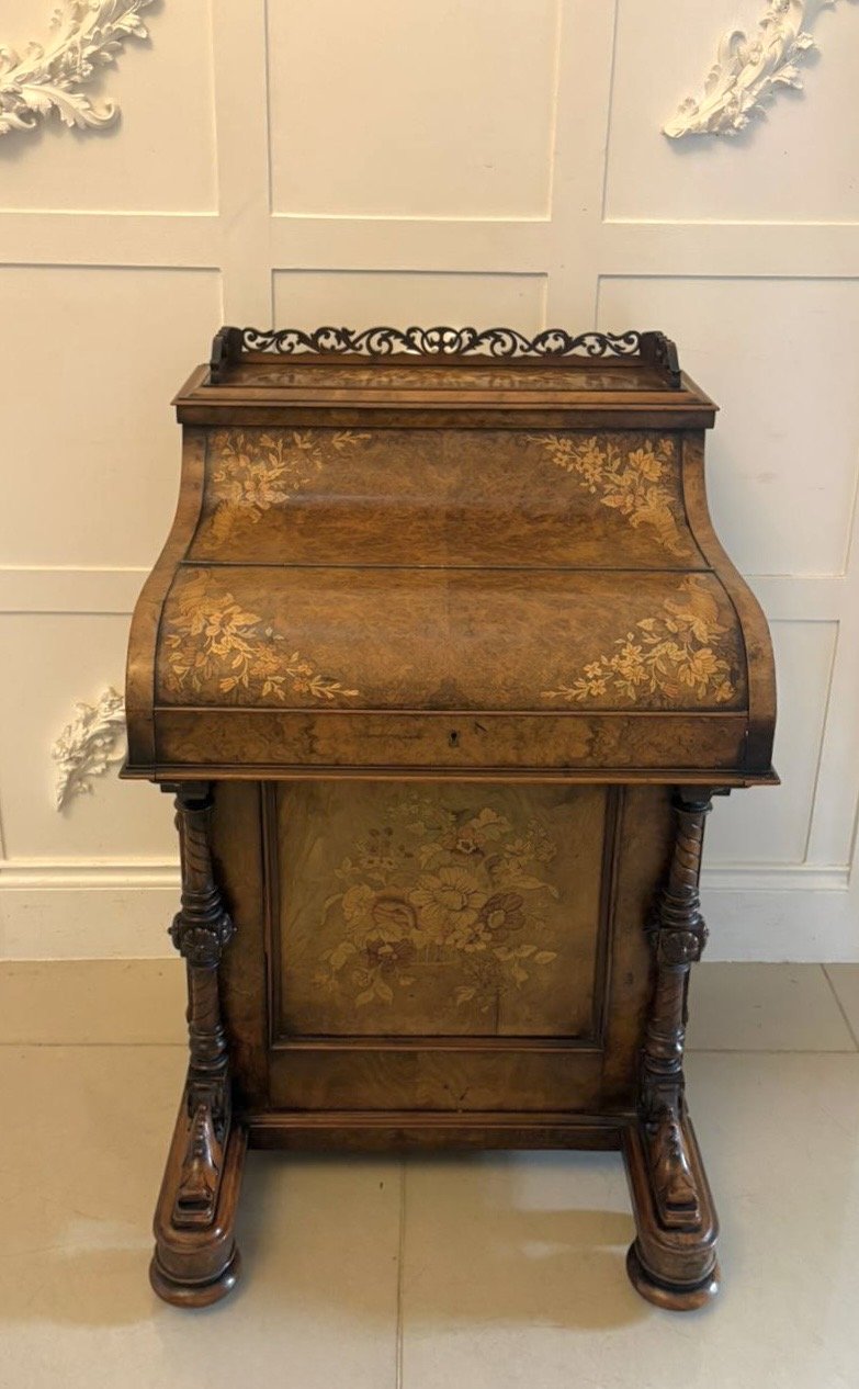 Antique Victorian Burr Walnut Floral Marquetry Piano Top Davenport Desk - Image 6