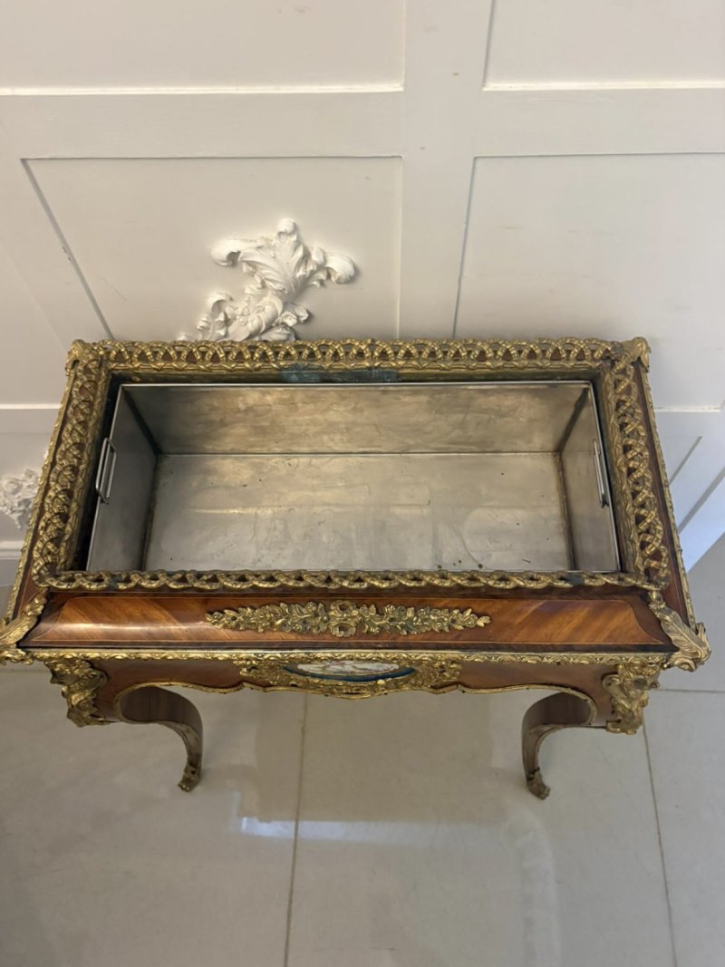 Antique French Victorian Ormolu Mounted Kingwood Jardiniere Stand Porcelain Plaque Planter - Image 6