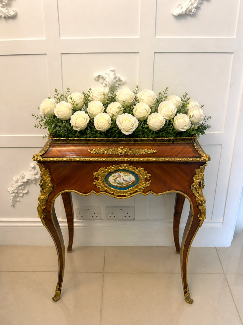 Antique French Victorian Ormolu Mounted Kingwood Jardiniere Stand Porcelain Plaque Planter - Image 3