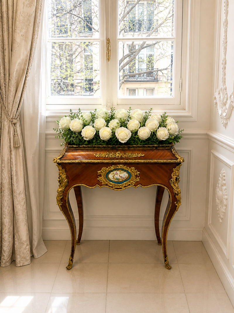 Antique French Victorian Ormolu Mounted Kingwood Jardiniere Stand Porcelain Plaque Planter - Image 2