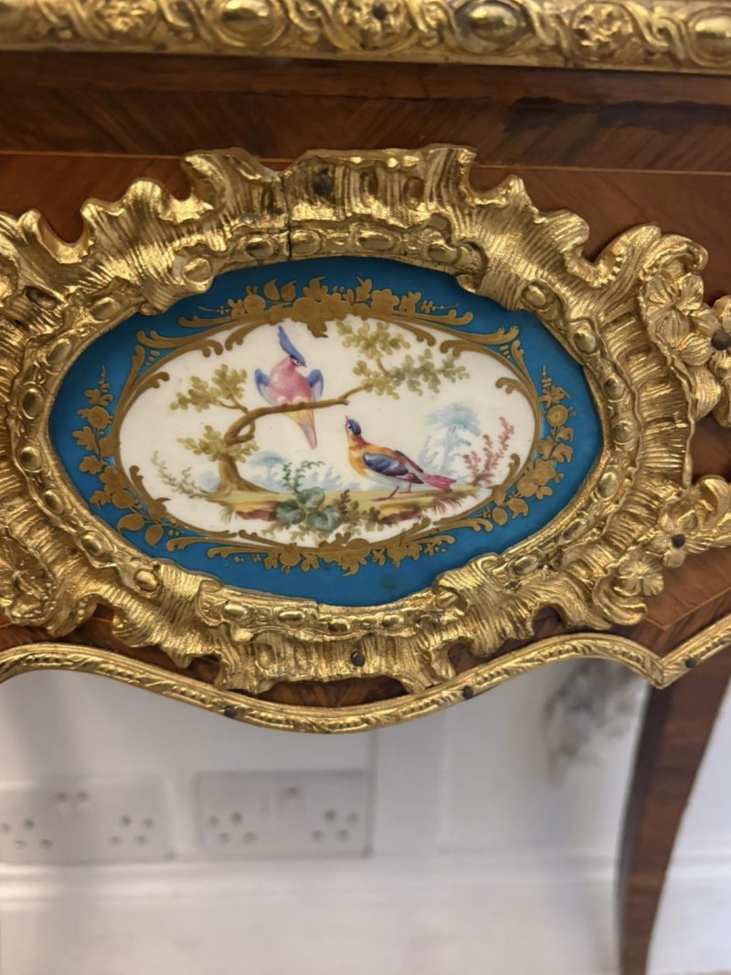 Antique French Victorian Ormolu Mounted Kingwood Jardiniere Stand Porcelain Plaque Planter - Image 13