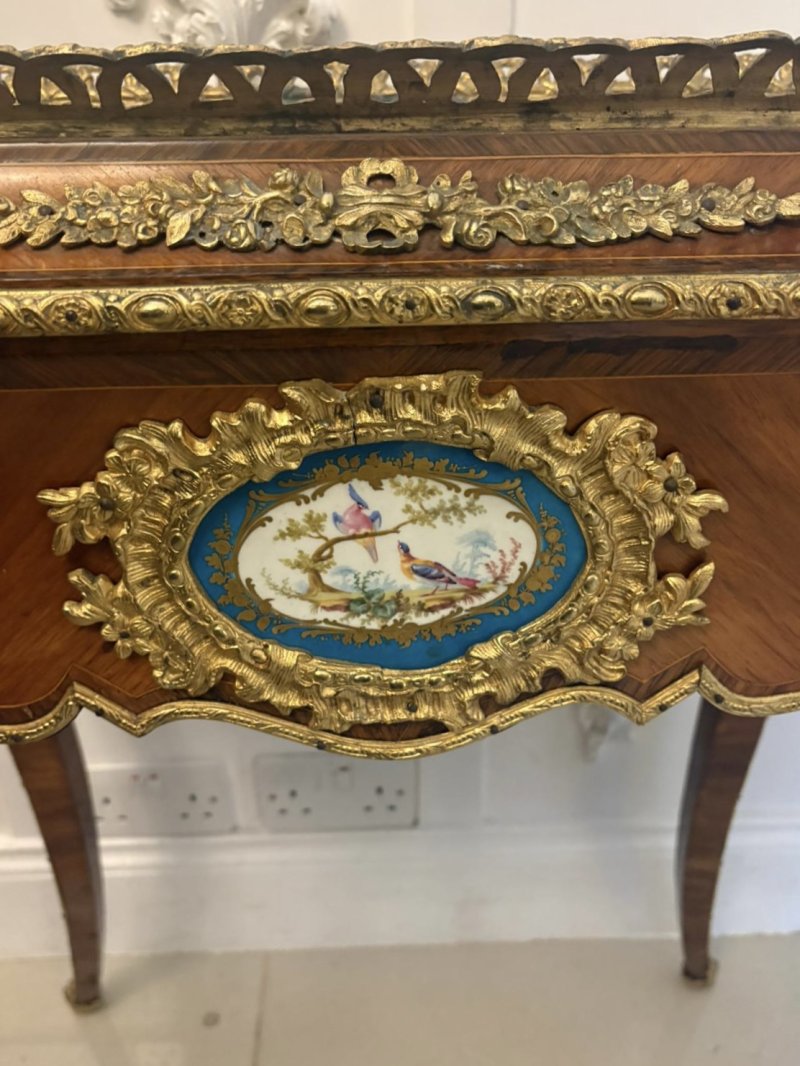 Antique French Victorian Ormolu Mounted Kingwood Jardiniere Stand Porcelain Plaque Planter - Image 14