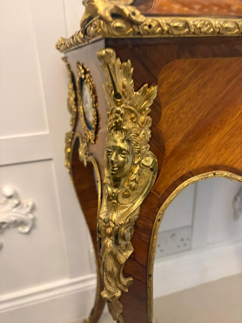 Antique French Victorian Ormolu Mounted Kingwood Jardiniere Stand Porcelain Plaque Planter - Image 11