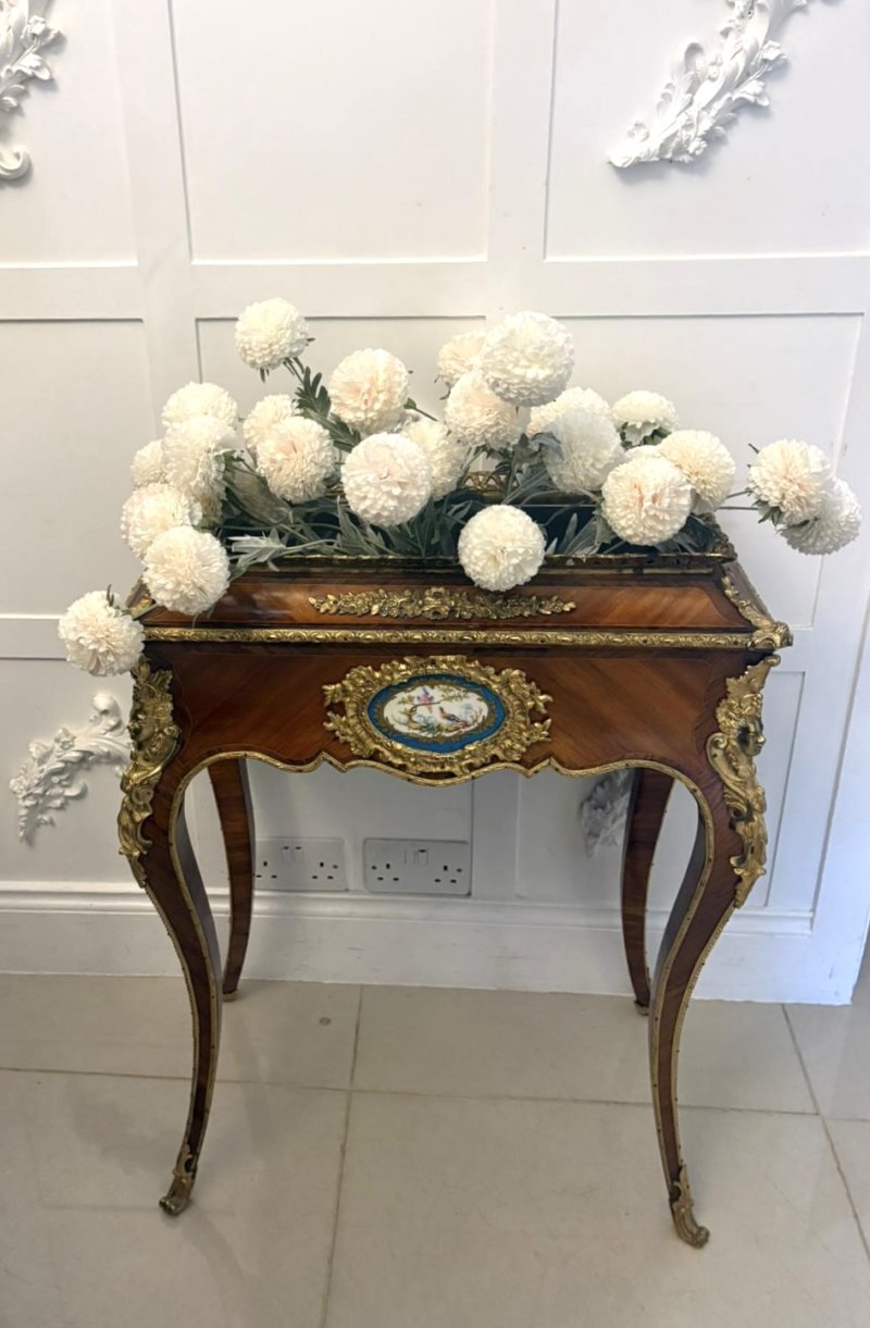 Antique French Victorian Ormolu Mounted Kingwood Jardiniere Stand Porcelain Plaque Planter - Image 8