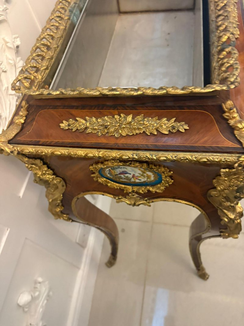 Antique French Victorian Ormolu Mounted Kingwood Jardiniere Stand Porcelain Plaque Planter - Image 12