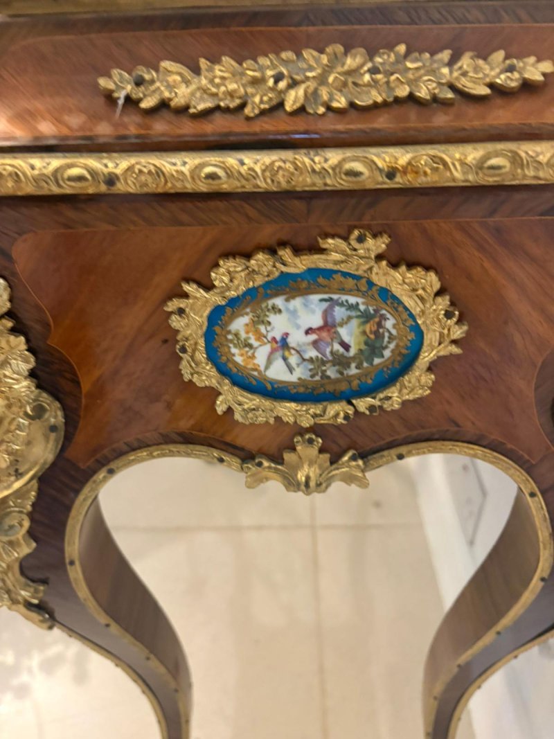 Antique French Victorian Ormolu Mounted Kingwood Jardiniere Stand Porcelain Plaque Planter - Image 10
