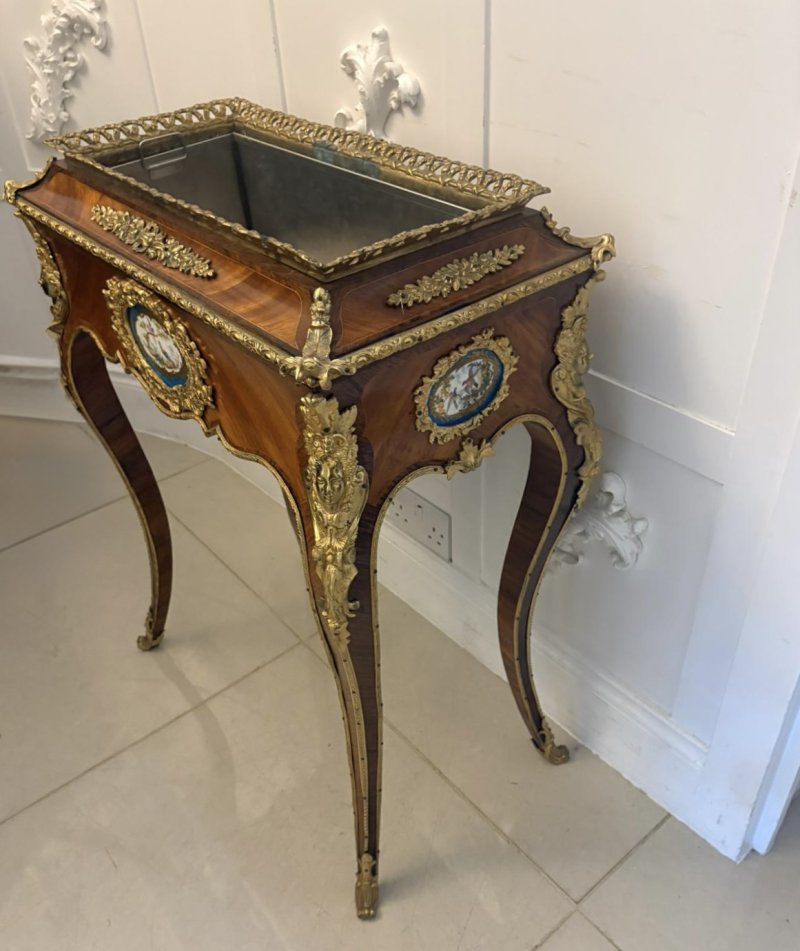 Antique French Victorian Ormolu Mounted Kingwood Jardiniere Stand Porcelain Plaque Planter - Image 5