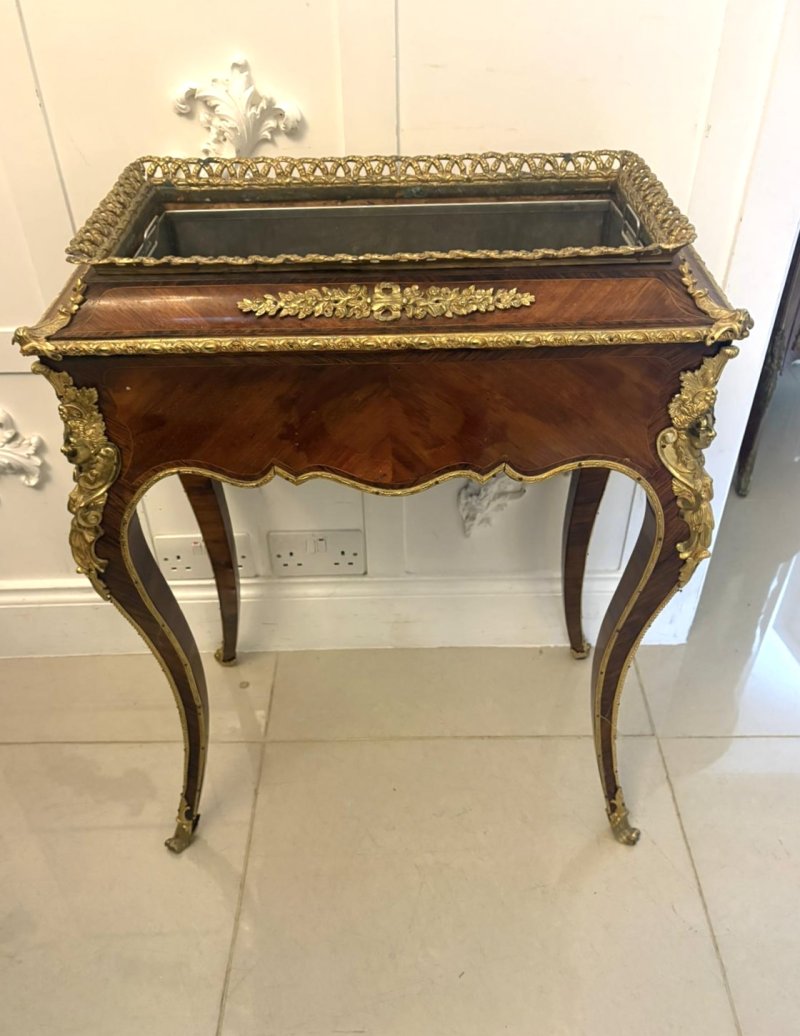 Antique French Victorian Ormolu Mounted Kingwood Jardiniere Stand Porcelain Plaque Planter - Image 4