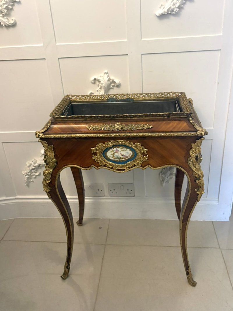 Antique French Victorian Ormolu Mounted Kingwood Jardiniere Stand Porcelain Plaque Planter