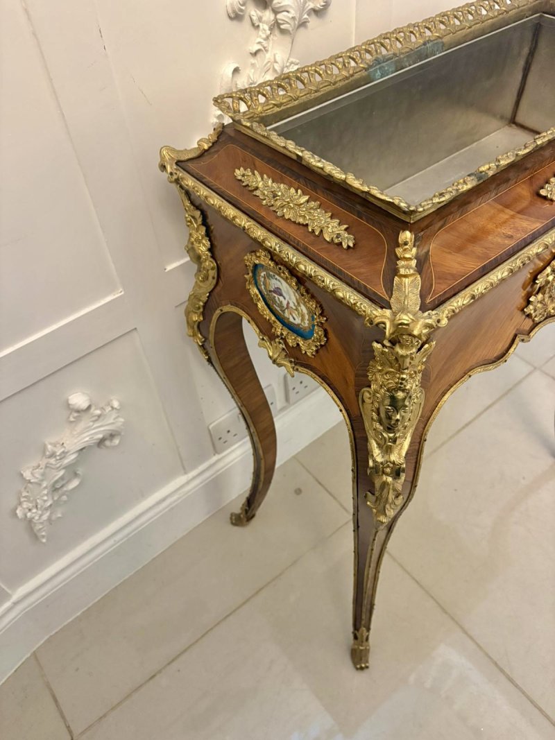 Antique French Victorian Ormolu Mounted Kingwood Jardiniere Stand Porcelain Plaque Planter - Image 7