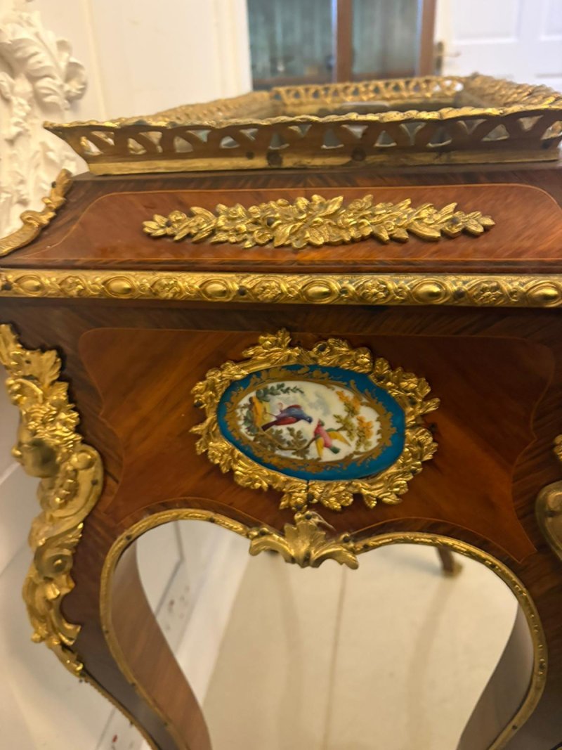 Antique French Victorian Ormolu Mounted Kingwood Jardiniere Stand Porcelain Plaque Planter - Image 9