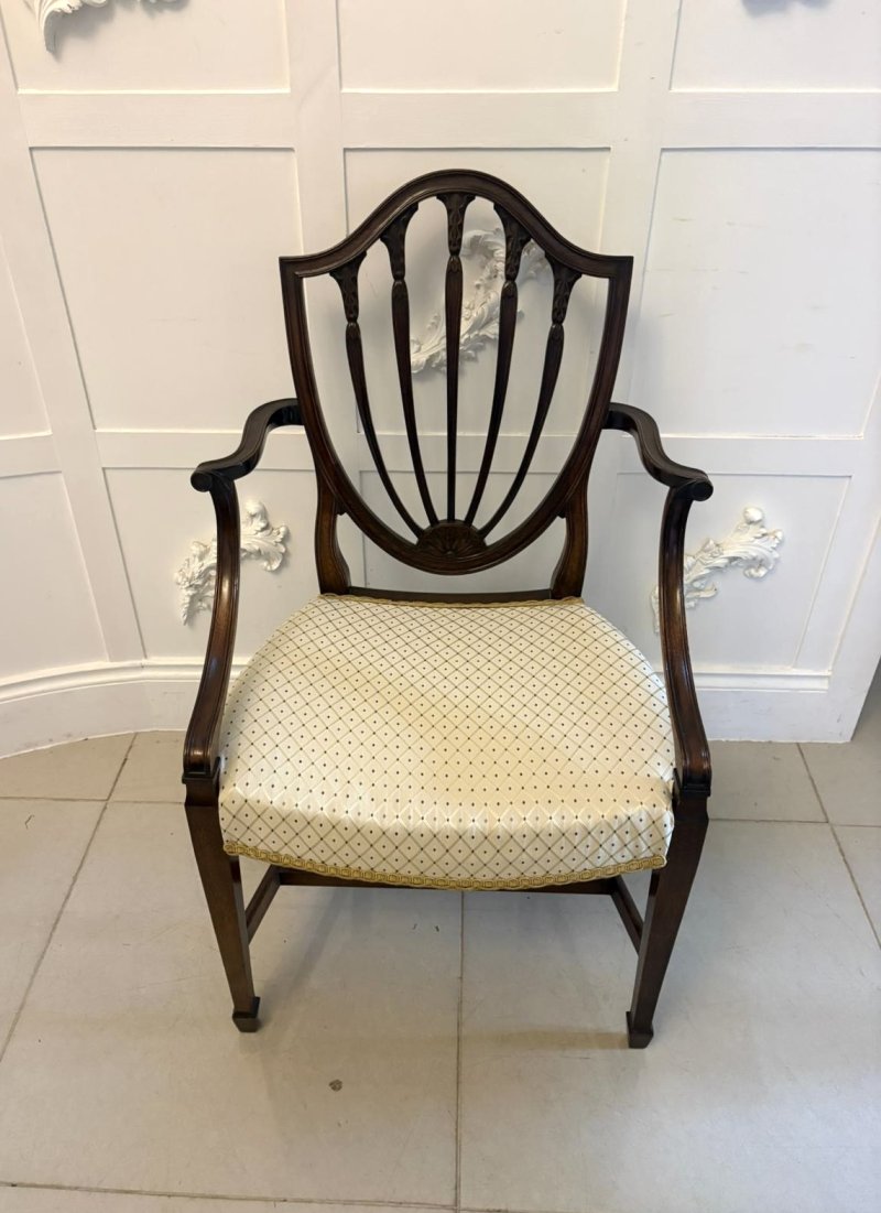 Antique English Edwardian Maple & Co Mahogany Shield Back Dining Chairs Set of 10 - Image 22