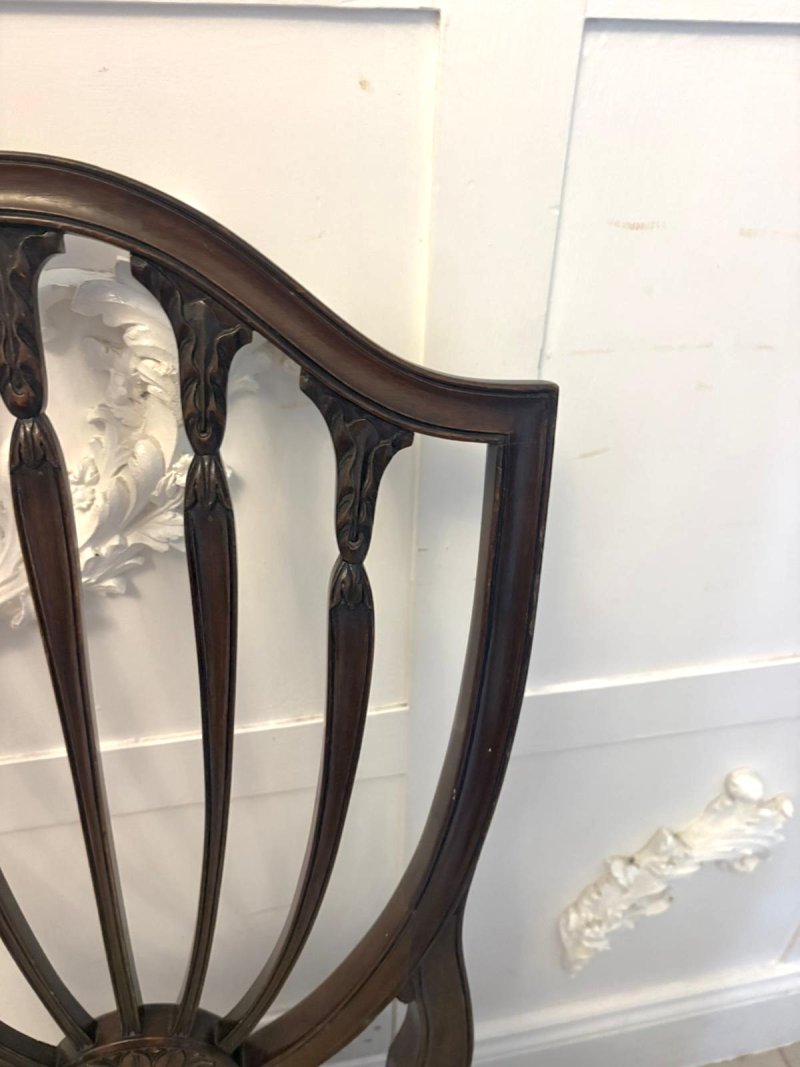 Antique English Edwardian Maple & Co Mahogany Shield Back Dining Chairs Set of 10 - Image 11