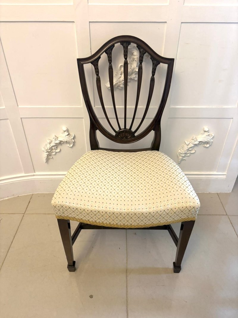 Antique English Edwardian Maple & Co Mahogany Shield Back Dining Chairs Set of 10 - Image 16