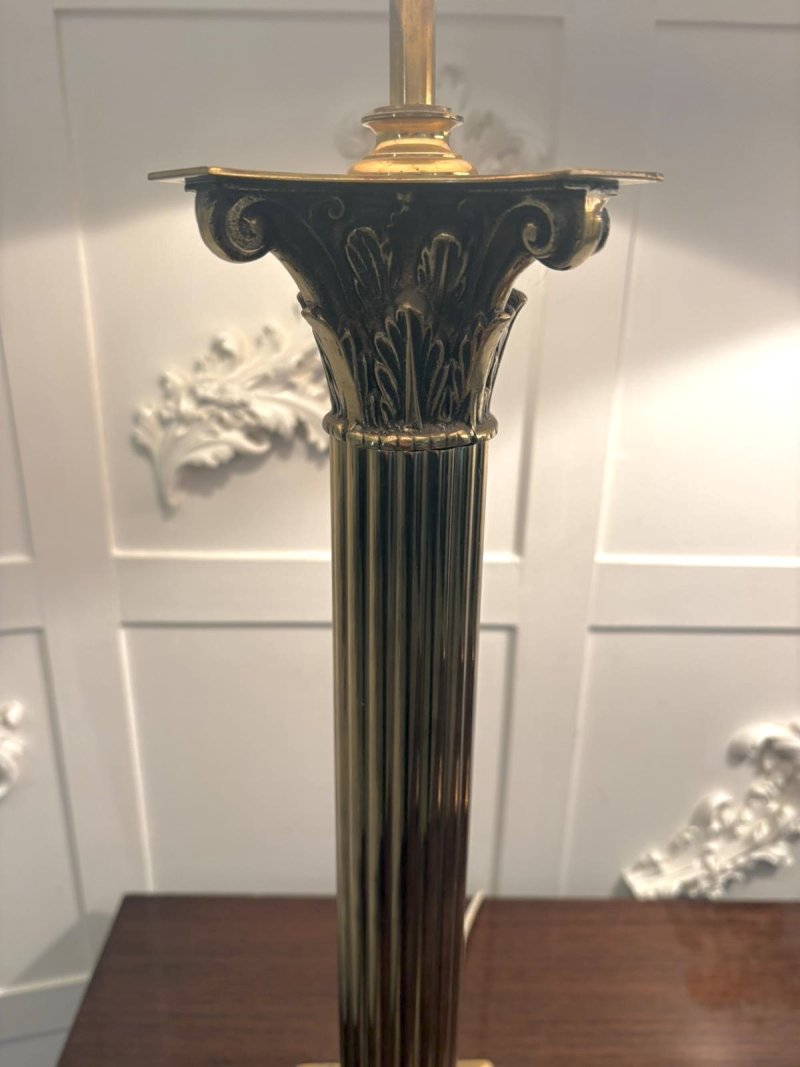 Antique Pair of Corinthian Column Brass Table Lamps - Image 3