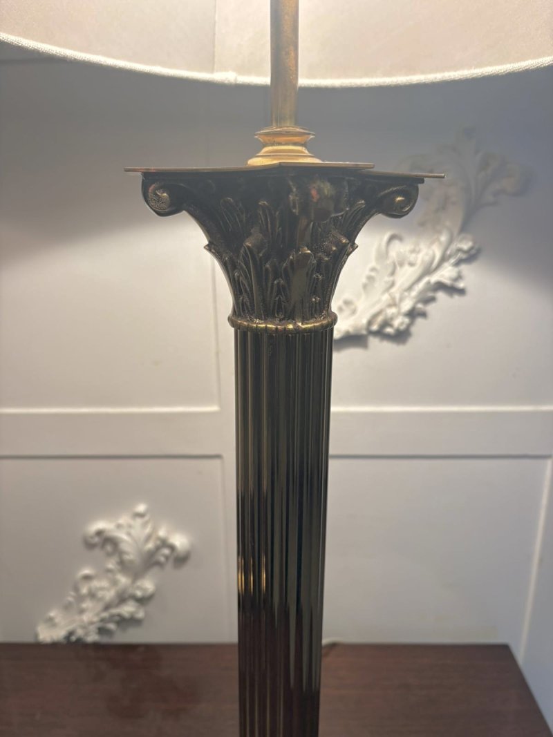 Antique Pair of Corinthian Column Brass Table Lamps - Image 6