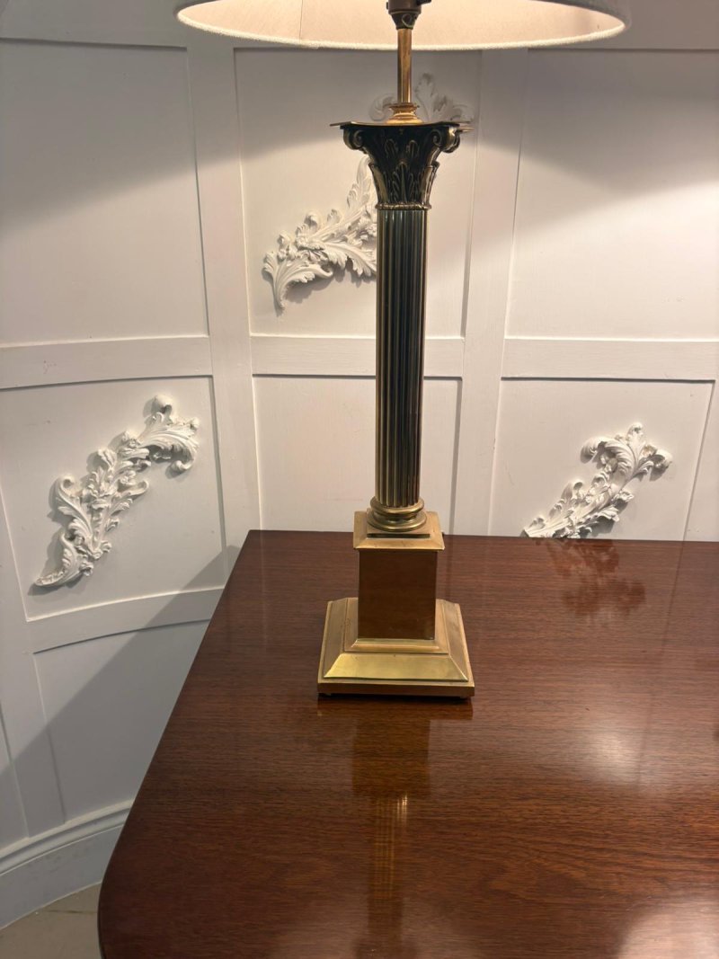 Antique Pair of Corinthian Column Brass Table Lamps - Image 5