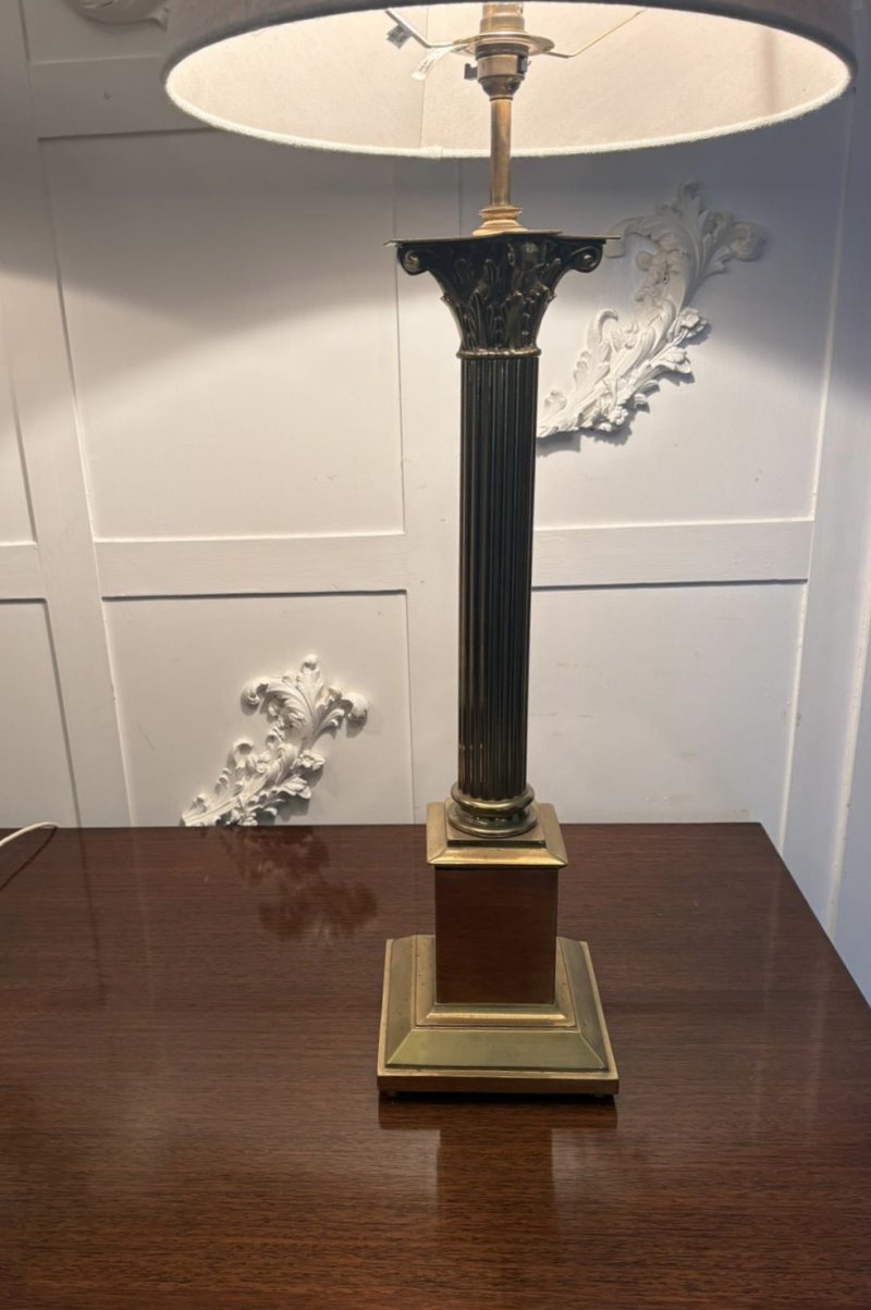 Antique Pair of Corinthian Column Brass Table Lamps - Image 8