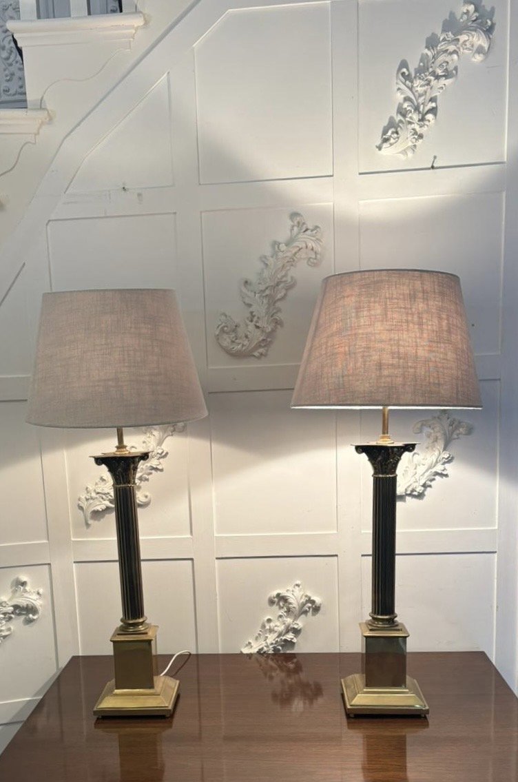 Antique Pair of Corinthian Column Brass Table Lamps