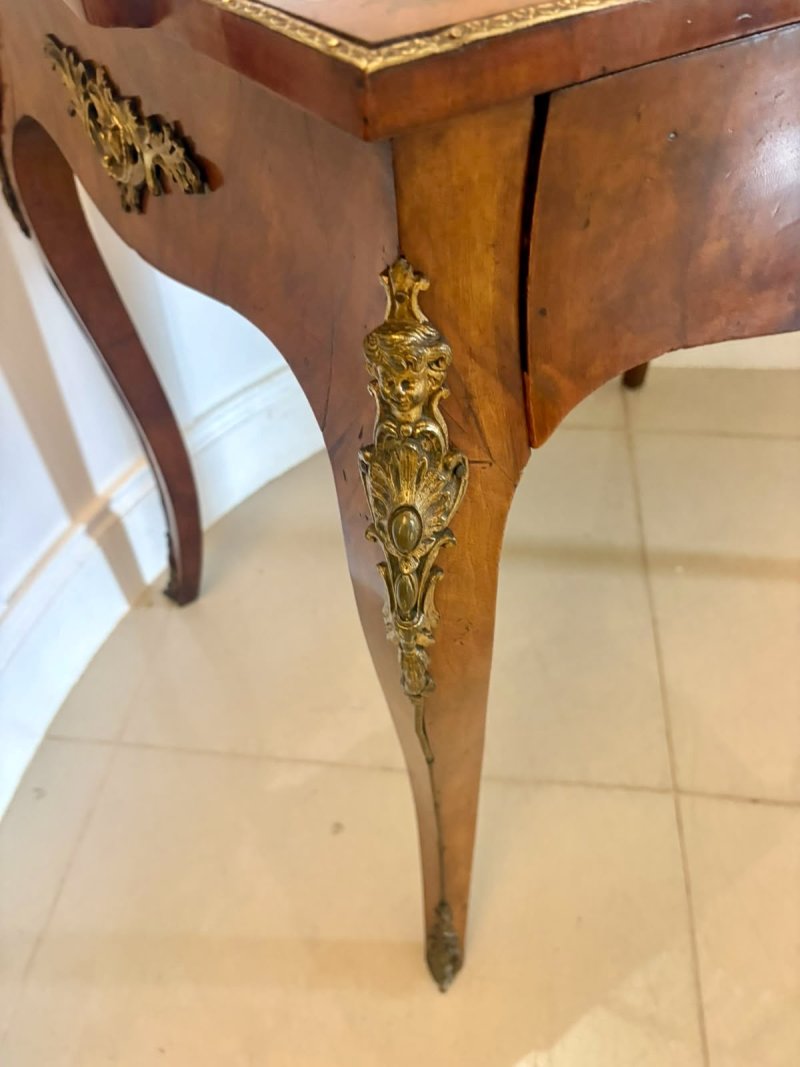 Antique French Walnut Marquetry Inlaid Freestanding Writing Desk Bureau Plat Leather Top - Image 12