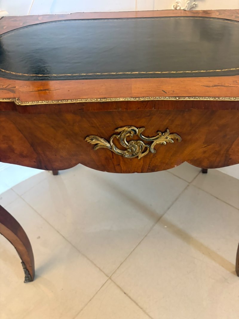 Antique French Walnut Marquetry Inlaid Freestanding Writing Desk Bureau Plat Leather Top - Image 3