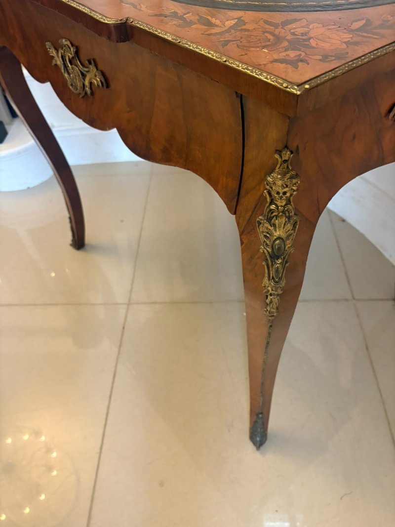 Antique French Walnut Marquetry Inlaid Freestanding Writing Desk Bureau Plat Leather Top - Image 11