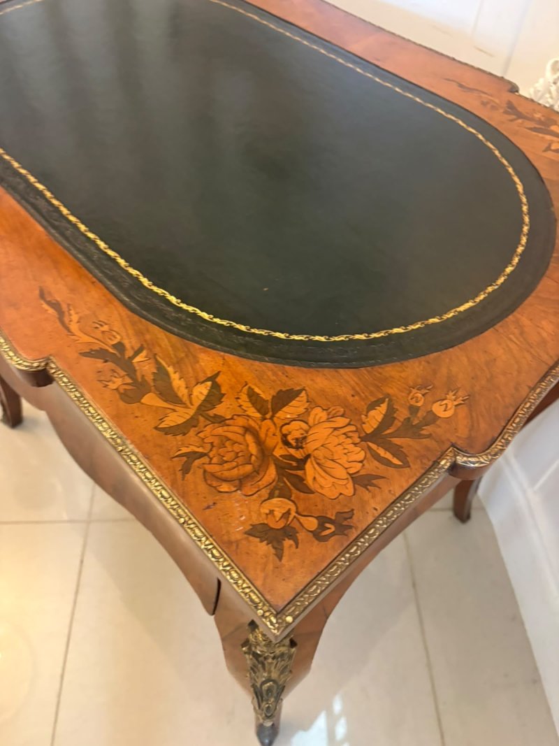 Antique French Walnut Marquetry Inlaid Freestanding Writing Desk Bureau Plat Leather Top - Image 4