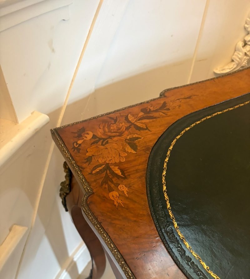 Antique French Walnut Marquetry Inlaid Freestanding Writing Desk Bureau Plat Leather Top - Image 6