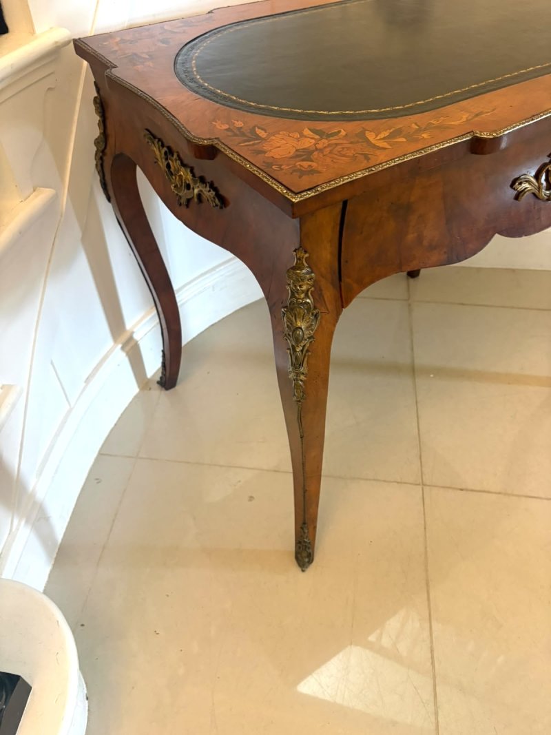 Antique French Walnut Marquetry Inlaid Freestanding Writing Desk Bureau Plat Leather Top - Image 10
