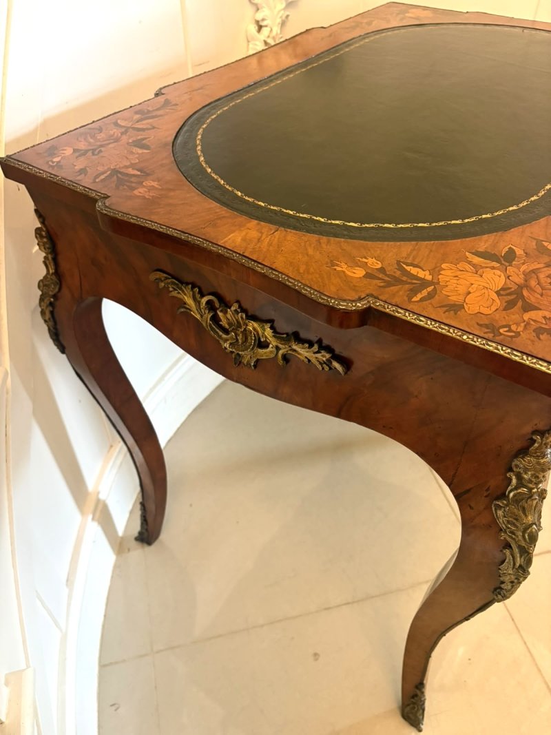 Antique French Walnut Marquetry Inlaid Freestanding Writing Desk Bureau Plat Leather Top - Image 5