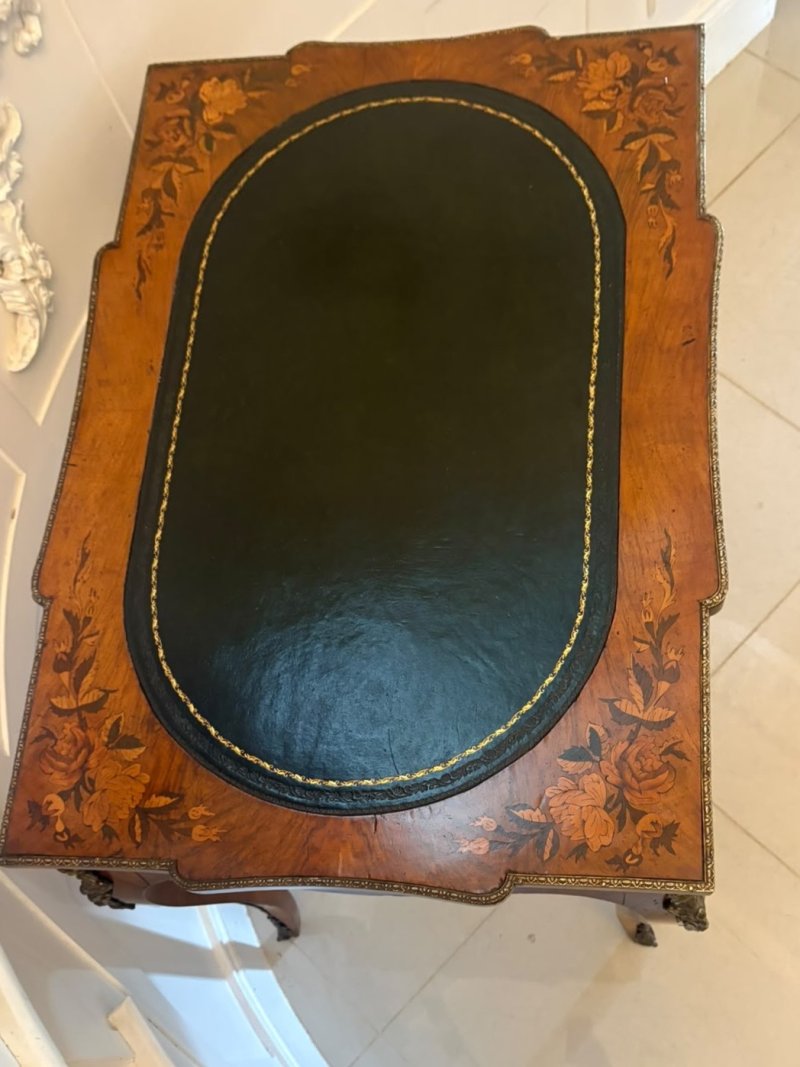 Antique French Walnut Marquetry Inlaid Freestanding Writing Desk Bureau Plat Leather Top - Image 8