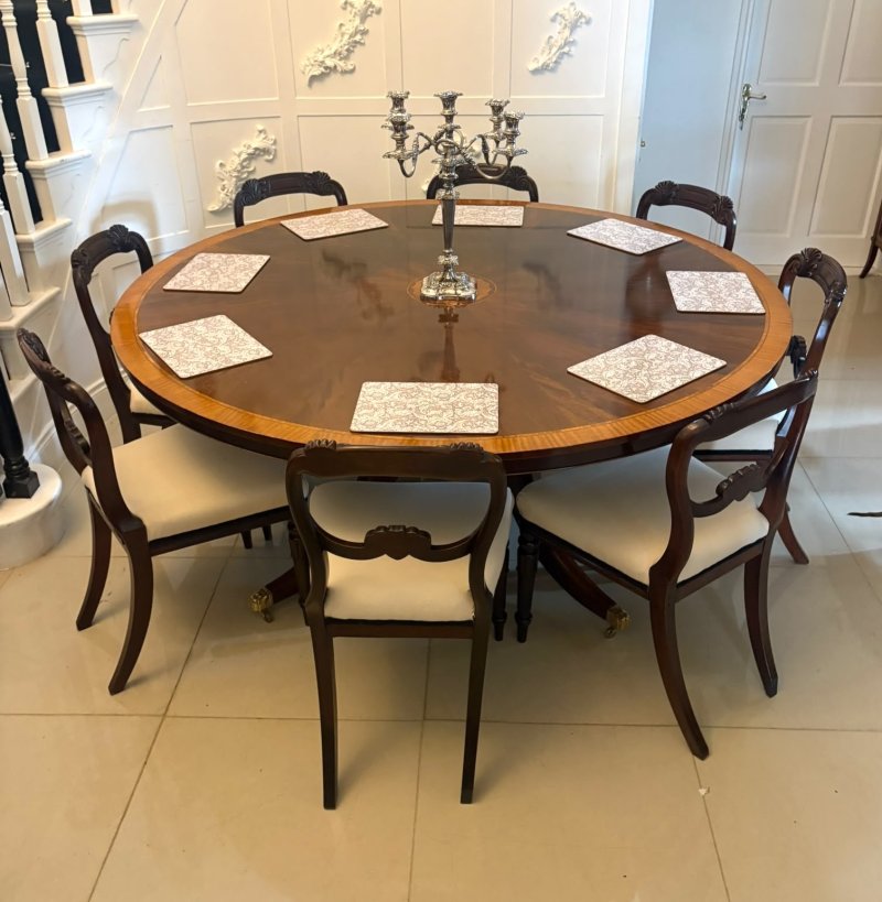 Antique Figured Mahogany Satinwood Inlaid Circular 8 Seater Dining Table - Image 2