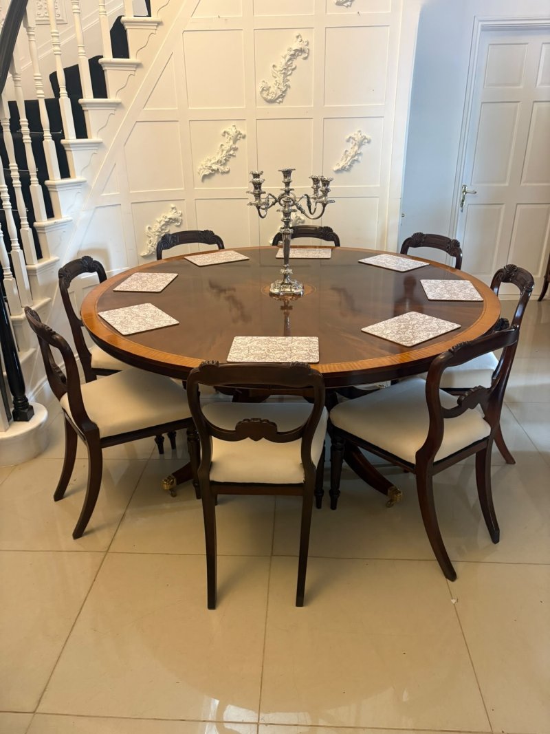 Antique Figured Mahogany Satinwood Inlaid Circular 8 Seater Dining Table - Image 3