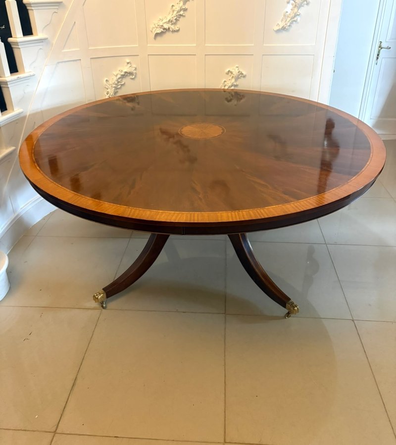 Antique Figured Mahogany Satinwood Inlaid Circular 8 Seater Dining Table