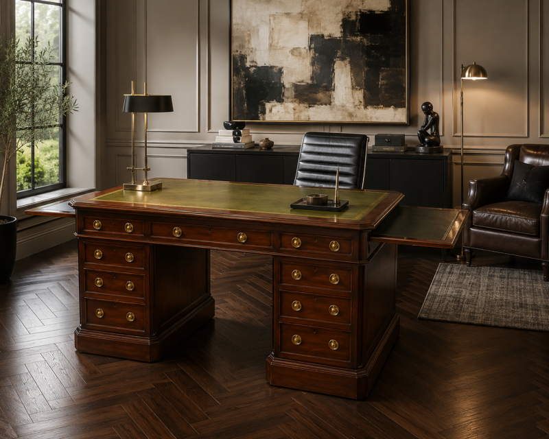 Antique Victorian Mahogany Freestanding Pedestal Kneehole Desk With Fitted Stationery Drawers & Writing Slides - Image 9
