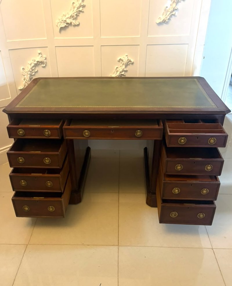 Antique Victorian Mahogany Freestanding Pedestal Kneehole Desk With Fitted Stationery Drawers & Writing Slides - Image 3
