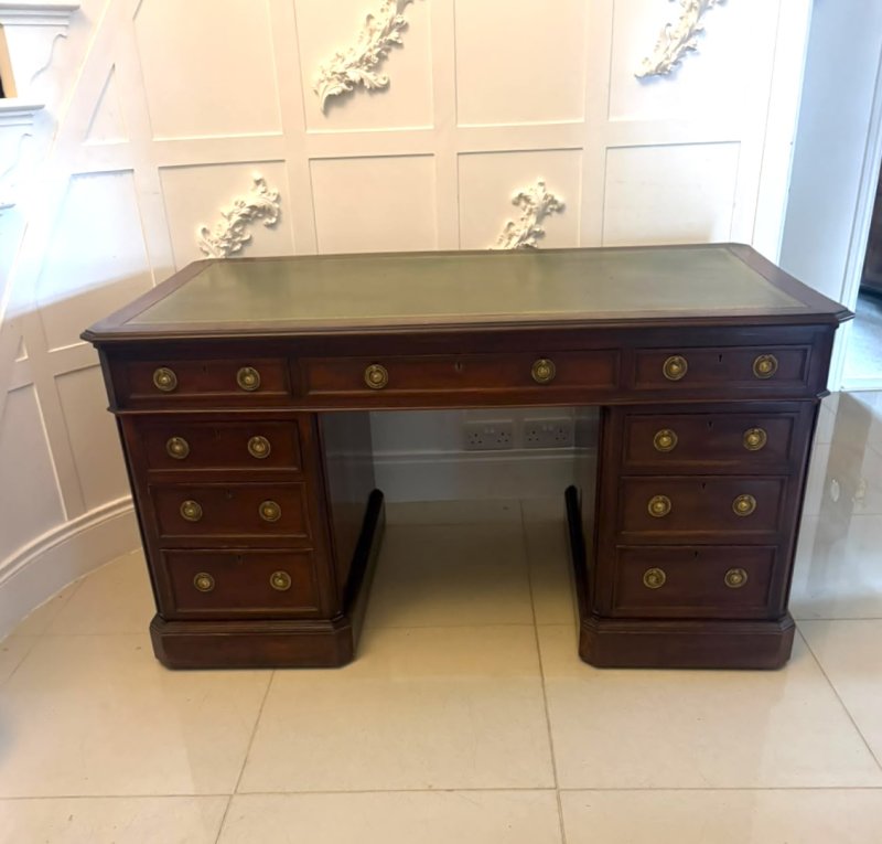 Antique Victorian Mahogany Freestanding Pedestal Kneehole Desk With Fitted Stationery Drawers & Writing Slides