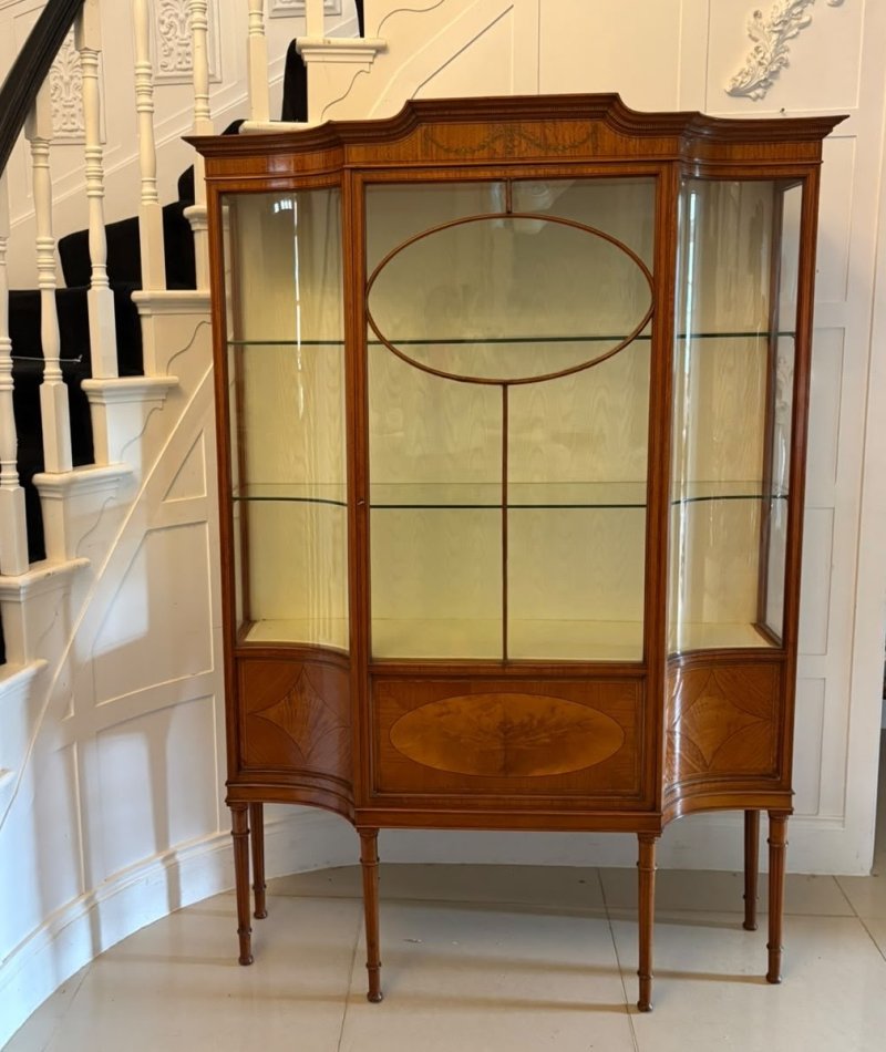 Antique Victorian Satinwood Inlaid Bow Front Display Cabinet