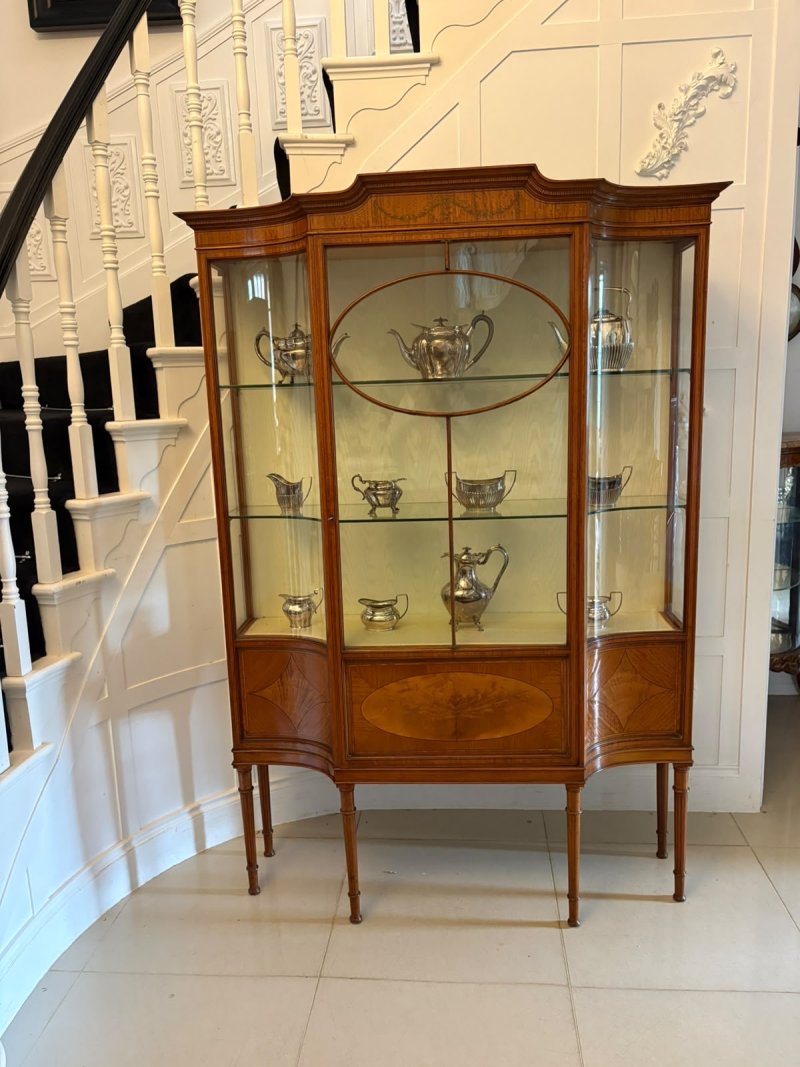 Antique Victorian Satinwood Inlaid Bow Front Display Cabinet - Image 3