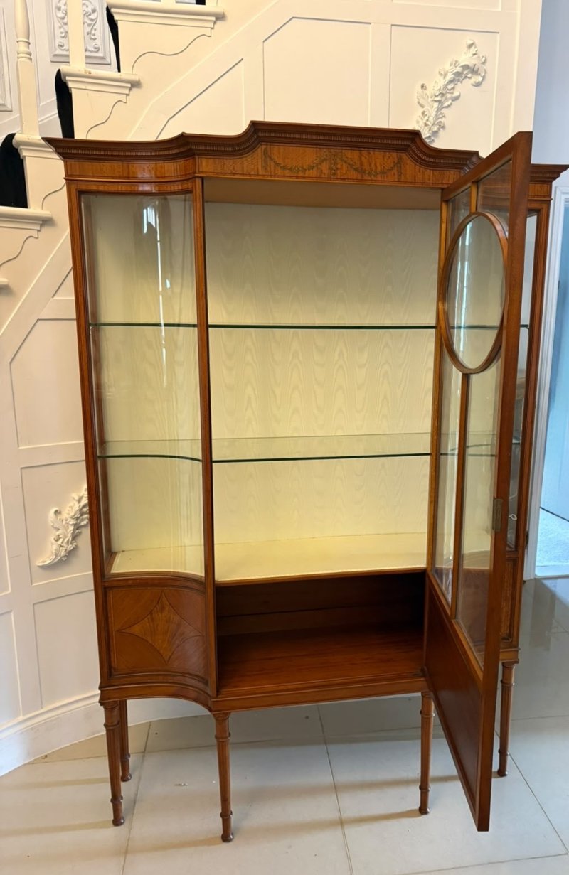 Antique Victorian Satinwood Inlaid Bow Front Display Cabinet - Image 6