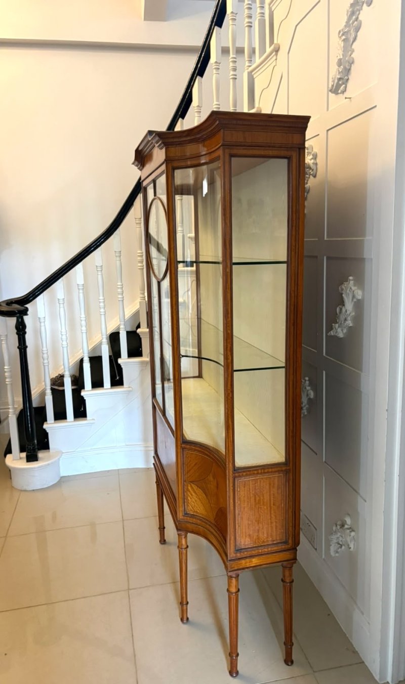 Antique Victorian Satinwood Inlaid Bow Front Display Cabinet - Image 4