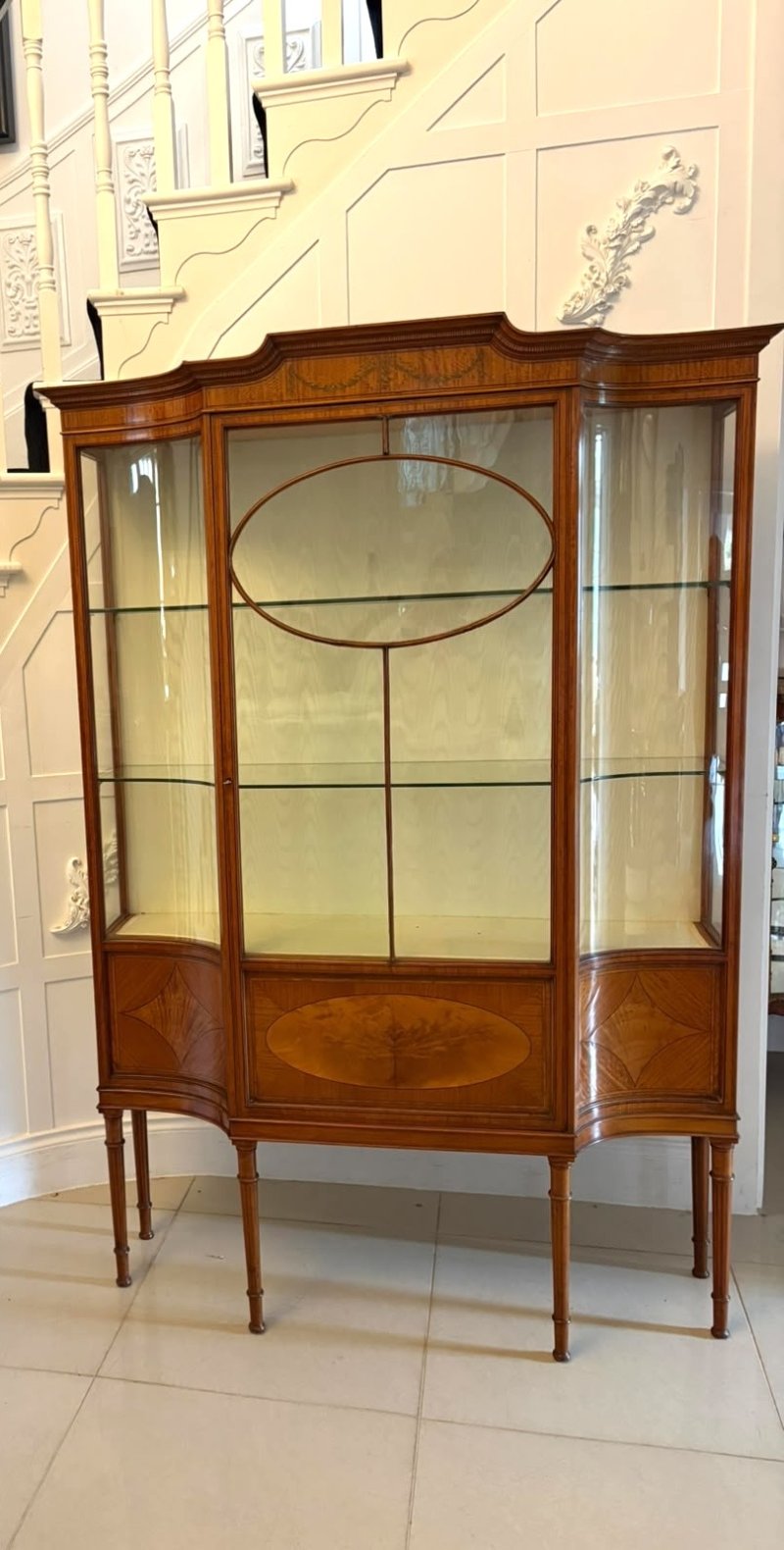 Antique Victorian Satinwood Inlaid Bow Front Display Cabinet - Image 5