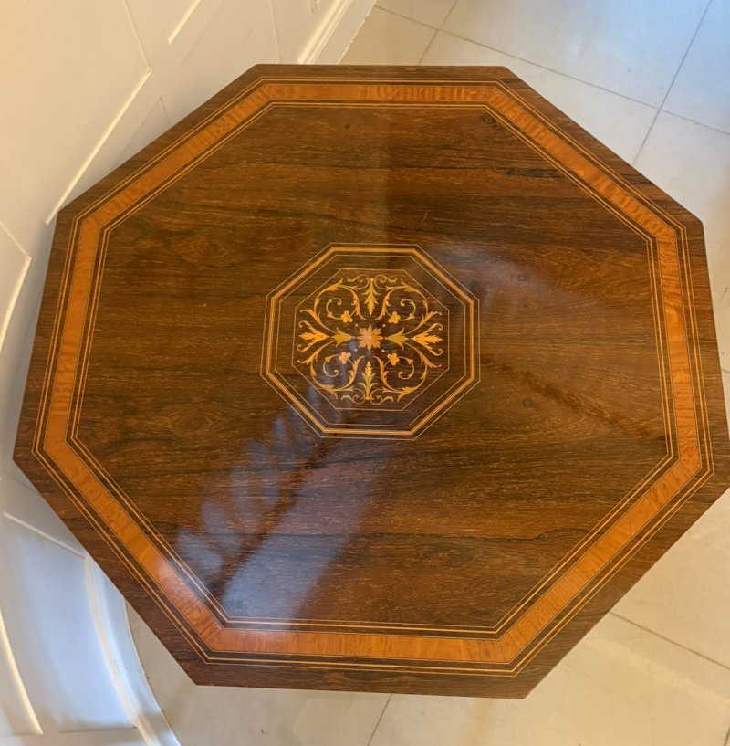 Antique Victorian Rosewood Marquetry Inlaid Octagonal Centre Table - Image 3