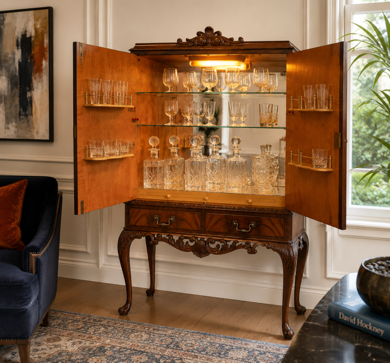 Antique Figured Mahogany Illuminated Cocktail Drinks Cabinet on Stand - Image 15