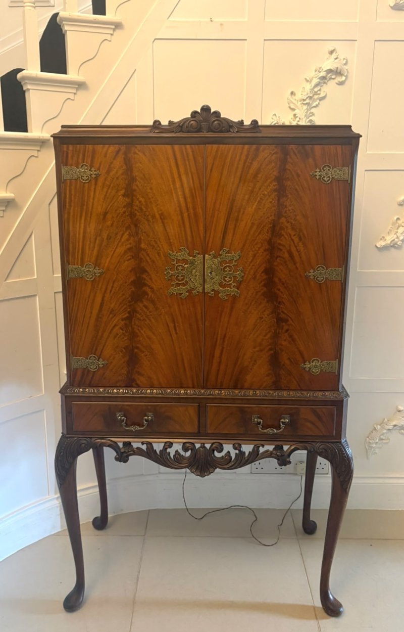 Antique Figured Mahogany Illuminated Cocktail Drinks Cabinet on Stand