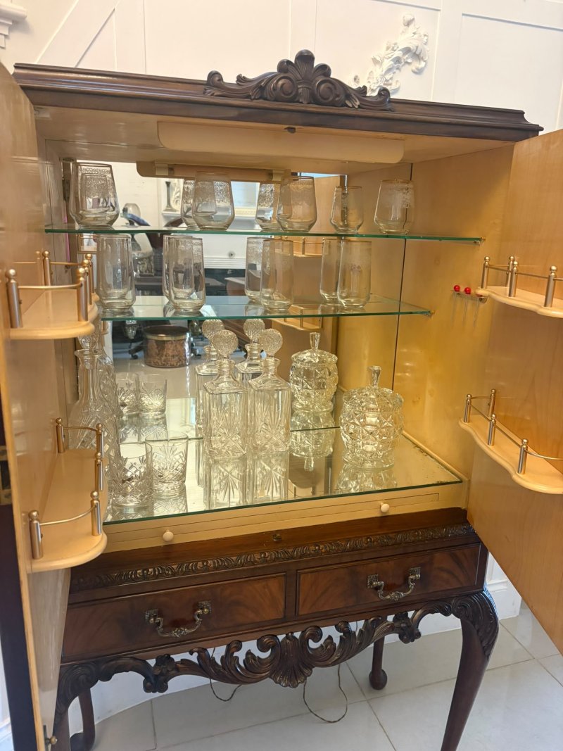 Antique Figured Mahogany Illuminated Cocktail Drinks Cabinet on Stand - Image 6
